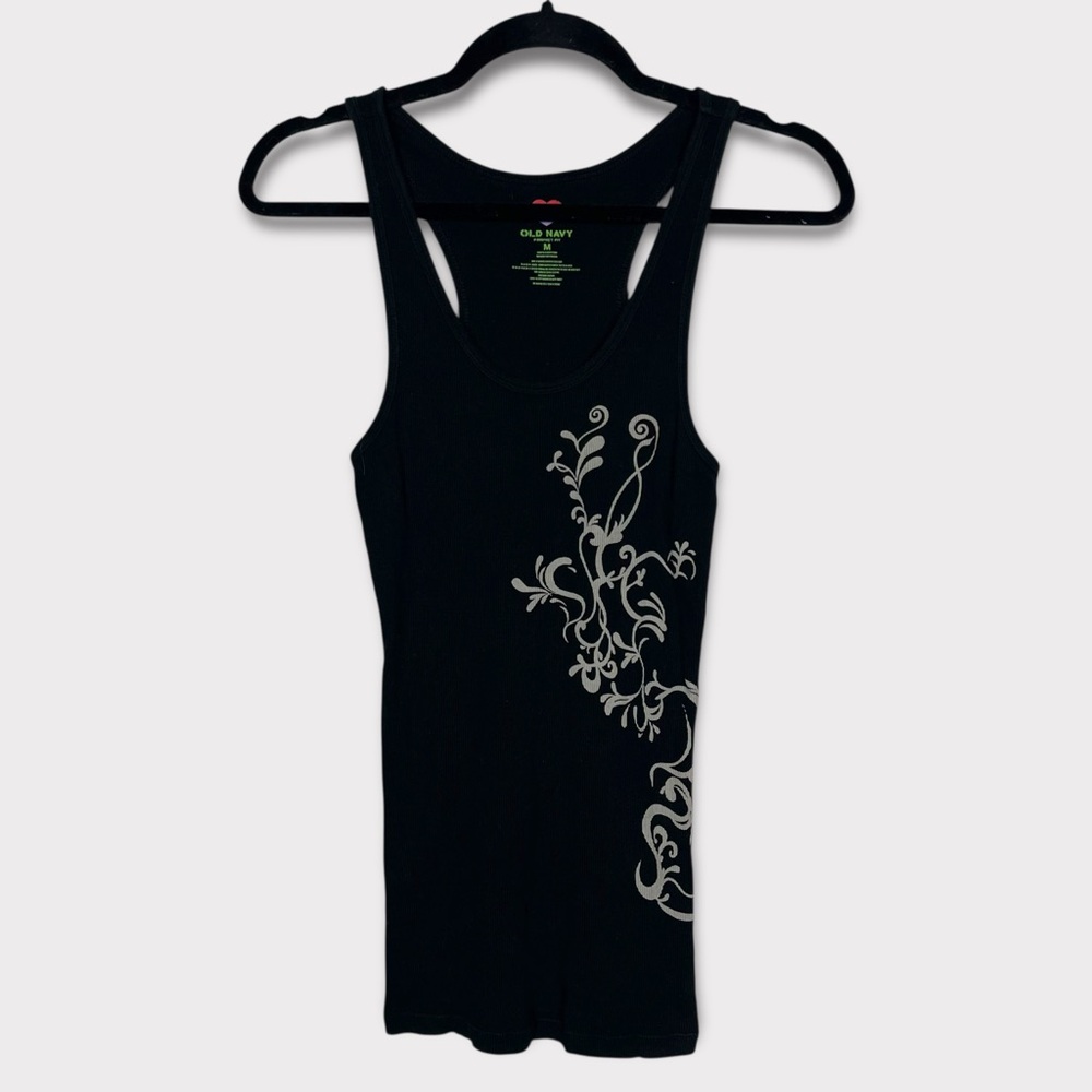 Vintage Old Navy Y2k Ribbed Racerback Tank Top Medium Grunge Whimsigoth Black